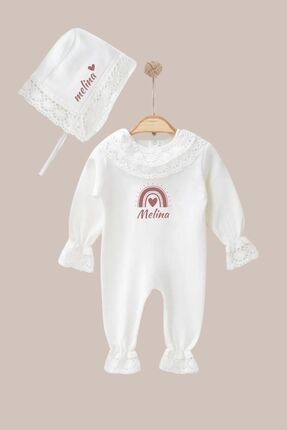 Kız Bebek Isimli Yenidoğan Tulum Fistolu Şapka Hastane Çıkışı Mevlüt Kıyafeti Bebek Hediyelik-beyaz