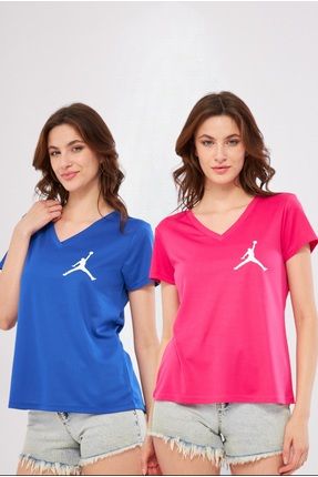 Spor T-shirt 2'li Saks Mavisi Fuşya Renk Jordon Baskılı V Yaka