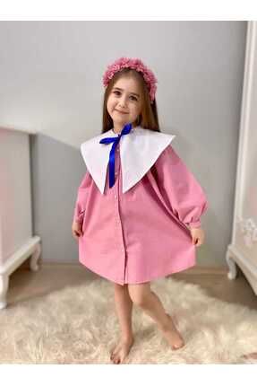 Nostaljik Yaka Önden Düğmeli Gül Kurusu Kız Çocuk Elbise