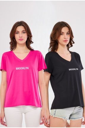 Spor T-shirt 2'li Fuşya Siyah Renk Brooklyn Baskılı V Yaka