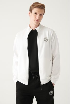 Erkek Beyaz Dik Yaka Önden Fermuarlı Pamuklu Regular Fit Sweatshirt A31y1209