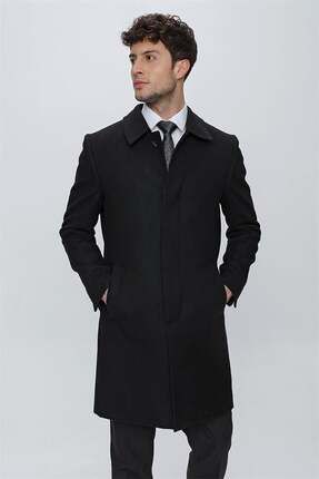 Siyah Kaşe Berberi Yaka Yırtmaçlı Astarlı Comfort Fit Rahat Kesim Klasik Palto 1005225156