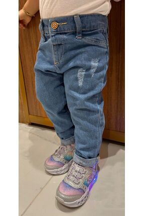 Çocuk Jean Denim Pantolon Yıpratma Detaylı Beli Ayarlanabilir Lastikli