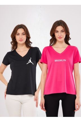 Spor T-shirt Siyah Fuşya Renk V Yaka 2'li Jordon Brooklyn Baskılı