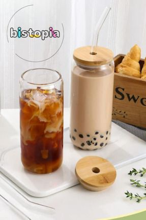 Cam Pipetli Ahşap Kapaklı Bubble Tea ve Borosilikat Cam Meşrubat Kahve Sunum Bardağı