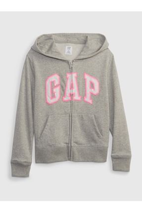 Kız Çocuk Gri Gap Logo Fermuarlı Havlu Kumaş Sweatshirt