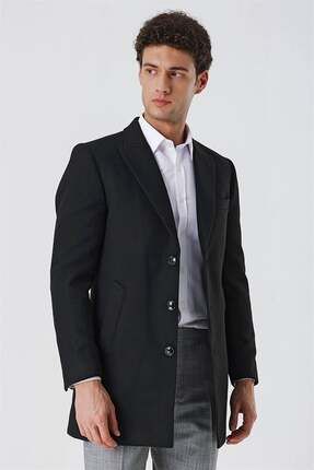 Siyah Kaşe Kırlangıç Yaka Yırtmaçlı Astarlı Slim Fit Dar Kesim Klasik Palto 1005225157