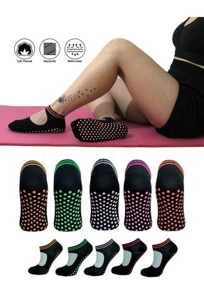 5 Çift Pamuklu Renkli Kaymaz Taban Silikon Baskılı Yoga Fitness Pilates Ve Aktivite Kadın Çorabı