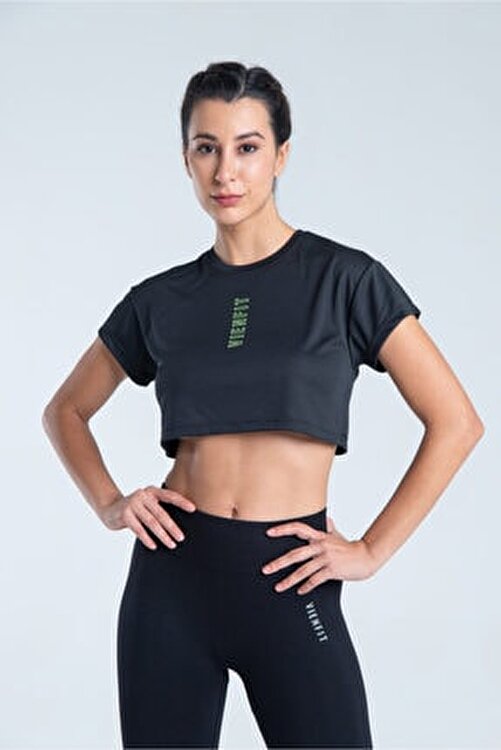 Vienfit Kadın Kısa Baskılı Spor Tshirt - Graphic Crop Top Siyah 1