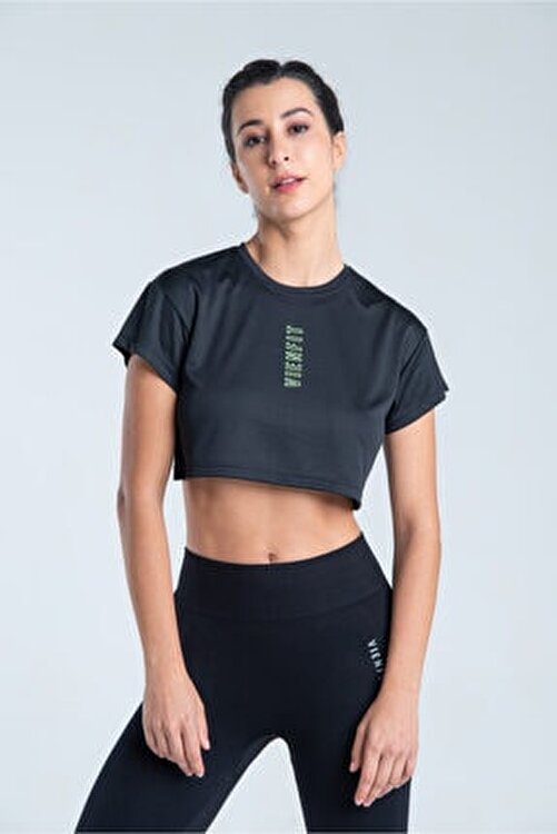 Vienfit Kadın Kısa Baskılı Spor Tshirt - Graphic Crop Top Siyah 2