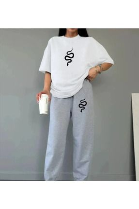 Kadın Yılansss Özel Baskılı Renkli Pamuklu Oversize Jogger T-shirt Alt Üst Takım