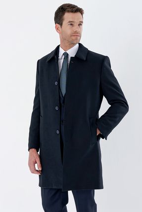 Koyu Lacivert Kaşe Berberi Yaka Yırtmaçlı Kapitoneli Astar Comfort Fit Rahat Kesim Klasik Palto 1005