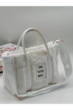 Kadın Beyaz Peluş The Tote Bag Çanta Fermuarlı