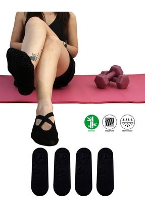 4 Çift Bambu Siyah Kaymaz Taban Silikon Baskılı Yoga Fitness Pilates Ve Aktivite Kadın Çorabı