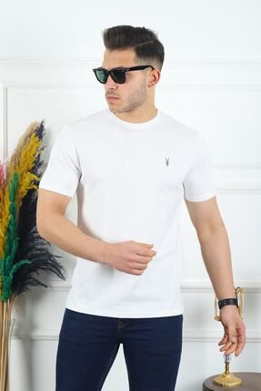 Erkek Beyaz T-shirt Standart Basic Bisiklet Yaka Düz %100 Pamuk Erkek Tişört