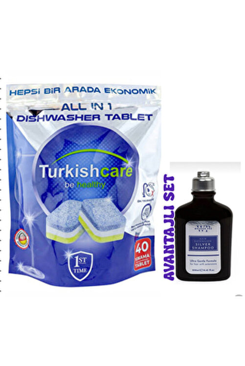 Hepsi Bir Arada 40 Yıkama Bulaşık Deterjanı Premium Tablet + Whisper Pro Silver Şampuan 250 ml SET