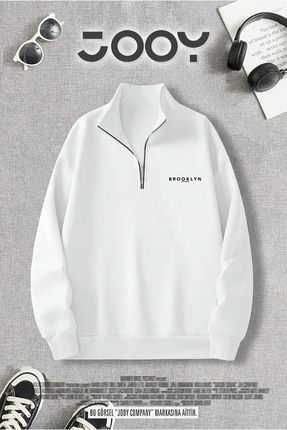 Yarım Fermuarlı Brooklyn Baskılı Beyaz Sweatshirt