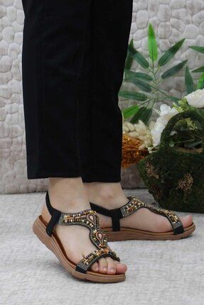 23y100-11günlük Taşlı Lastikli Kadın Sandalet-siyah