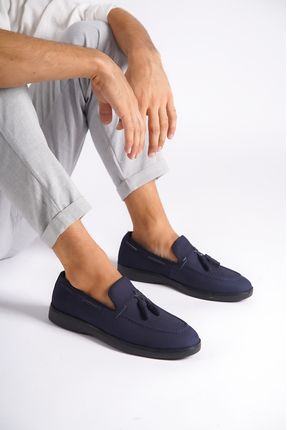22107t-lcv Hakiki Nubuk Deri Lacivert Ince Taban Püsküllü Erkek Loafer & Günlük Ayakkabı