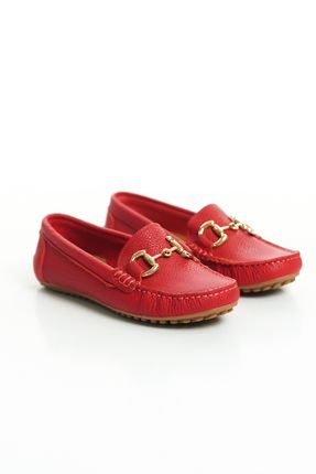 203-kr Hakiki Deri Oval Burunlu Toka Detay Kadın Kırmızı Babet & Loafer Ayakkabı