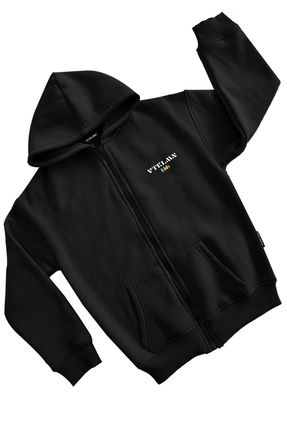 Erkek / Kız Çocuk Siyah Şardonlu Kapüşonlu Fermuarlı Sweatshirt