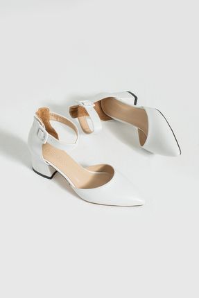 Kadin Beyaz Topuklu Ayakkabı Abiye Stiletto Kalın Topuk Gelinlik Ayakkabisi 5.5cm