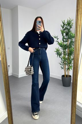 Trend Jean Koyu Mavi Ispanyol Paça Kot Pantolon Yüksek Bel Flare Jeans Toparlayıcı