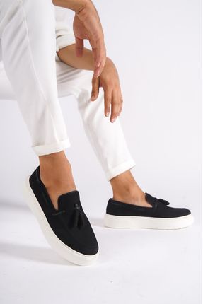 22106-s Hakiki Nubuk Deri Siyah Kalın Taban Püsküllü Erkek Loafer & Günlük Ayakkabı