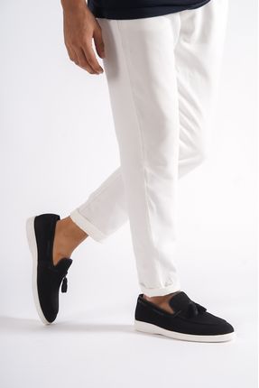 22107-s Hakiki Nubuk Deri Siyah Ince Taban Püsküllü Erkek Loafer & Günlük Ayakkabı