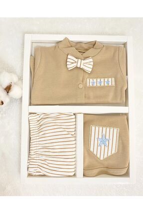 Yeni Sezon Organik Kutulu Erkek Bebek Papyonlu 5li Hastane Çıkış Seti Yenidoğan Kıyafeti Hediyelik