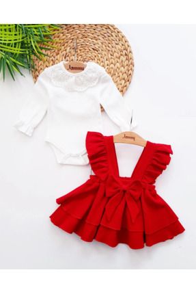 Özel Gün Kız Bebek Kat Kat Etek Fiyonklu %100 Pamuk Jile Elbise ve Dantelli Body Set-KIRMIZI