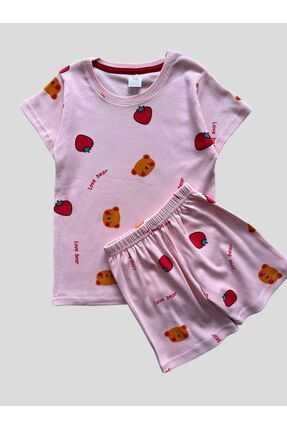 Kız Çocuk Pamuklu Pembe Çilek Ayıcık Desenli Fitilli Kısa Kollu Şortlu Yazlık Pijama Takımı