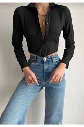 Kadın Crop Gömlek Slim Fit Dar Kesim Beli Lastikli Siyah
