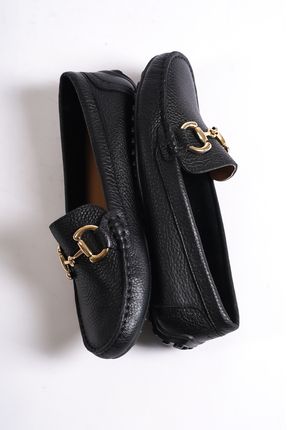 203-s Hakiki Deri Oval Burunlu Toka Detay Kadın Siyah Babet & Loafer Ayakkabı