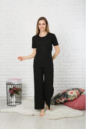 Kadın Mevsimlik Kısa Kollu Fitilli Siyah Pijama Takımı