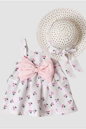 Kiraz Desenli Şapkalı Fiyonklu Kız Bebek Elbisesi