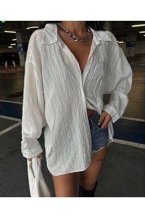 Dokuma Kumaş Kadın Beyaz Cepli Oversize Gömlek