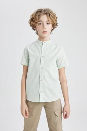 Erkek Çocuk Regular Fit Dik Yaka Keten Görünümlü Kısa Kollu Gömlek Z5364A624SM