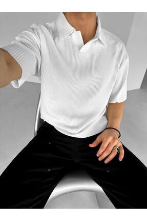 Erkek Fitilli Yazlık Likralı Esnek Oversize Polo Yaka Basic T-shirt Ekru