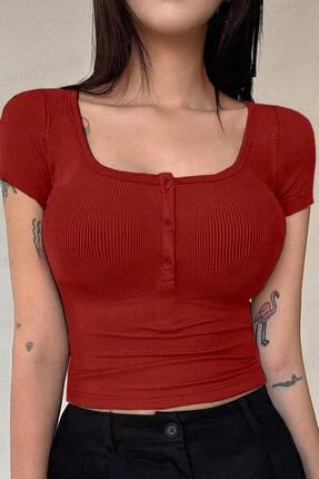 Kadın Kırmızı U Yaka Düğme Detaylı Patlı Kısa Kollu Fitilli Kaşkorse Bluz Body