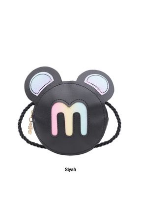 Simli M logolu Mickey kulaklı deri fermuarlı çapraz çocuk çanta