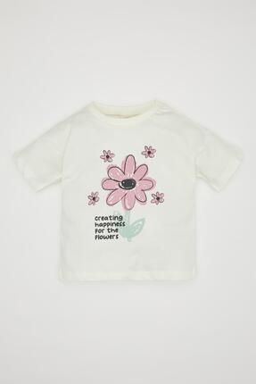 Kız Bebek Bisiklet Yaka Çiçekli Kısa Kollu Tişört C0014a524sm