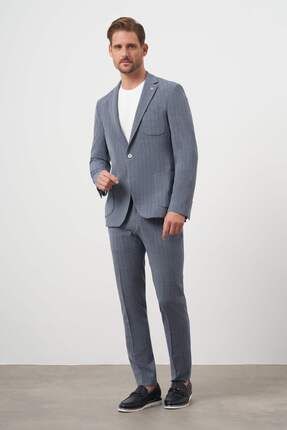 Erkek Lacivert Poliviskon Trend Çizgili Desen Slim Fit Mono Yaka Takım Elbise