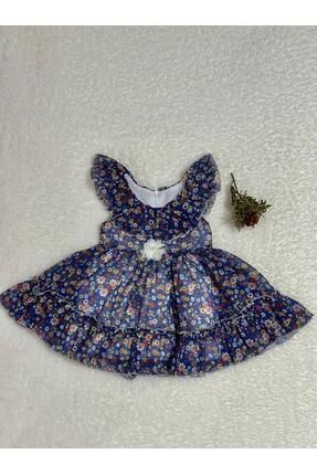 Çiçekli Etek ve yaka Fırfırlı 2-5 Yaş Şifon Kız Elbise