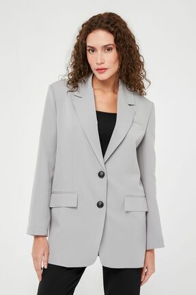 Gri Kadın Düğmeli Oversize Blazer Ceket