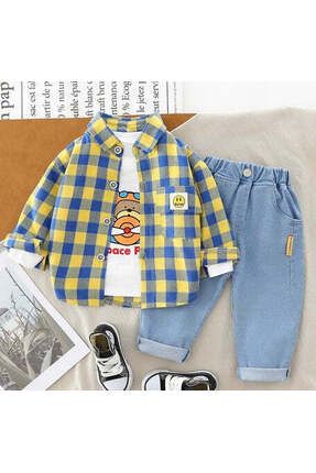 Kız Erkek Çocuk Giyim 3’lü Set, %100 Pamuklu Günlük, Mevsimlik, Uzun Kollu, 3 YAŞ (Mavi Sarı)