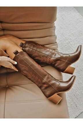 Astral Kadın Western Kovboy Nakışlı Topuklu Çizme