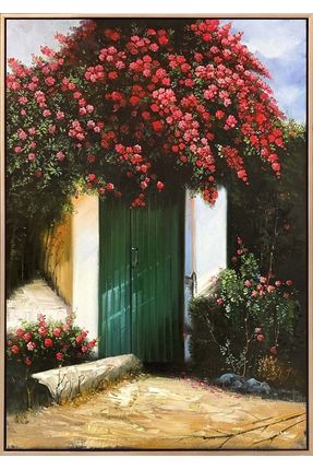 Yeşil Kapı Üzerindeki Güller Yağlı Boya Tablosu