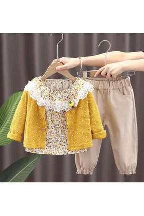, Kız Çocuk Kombinli Takım Elbise, 3'lü Set, %100 Pamuklu, Mevsimlik, 3 YAŞ (Sarı)
