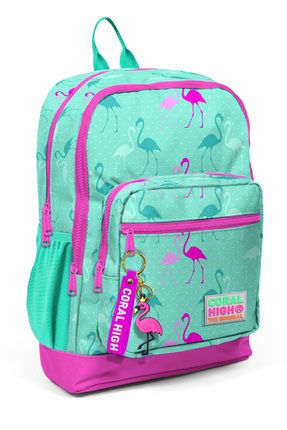 Kids Su Yeşili Neon Pembe Flamingo Desenli Dört Bölmeli Okul Sırt Çantası 23111